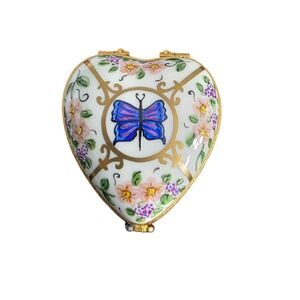Limoges France Hand Painted‎ Heart Porcelain Trinket Box Butterfly Floral Gold